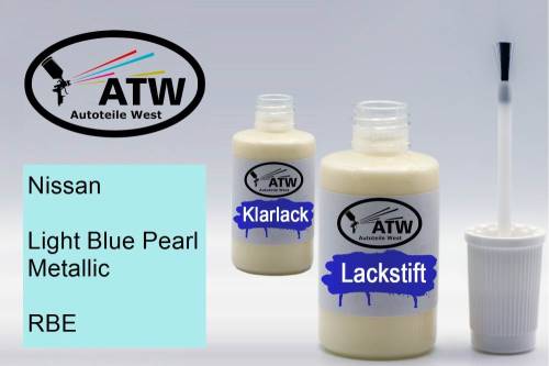 Nissan, Light Blue Pearl Metallic, RBE: 20ml Lackstift + 20ml Klarlack - Set, von ATW Autoteile West.